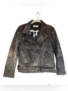 One Teaspoon Tan Nomad Studded Leather Moto Jacket Distressed Brown Size S NWOT